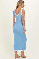 Light Blue Knit Sleeveless Contrast Trim Maxi Dress