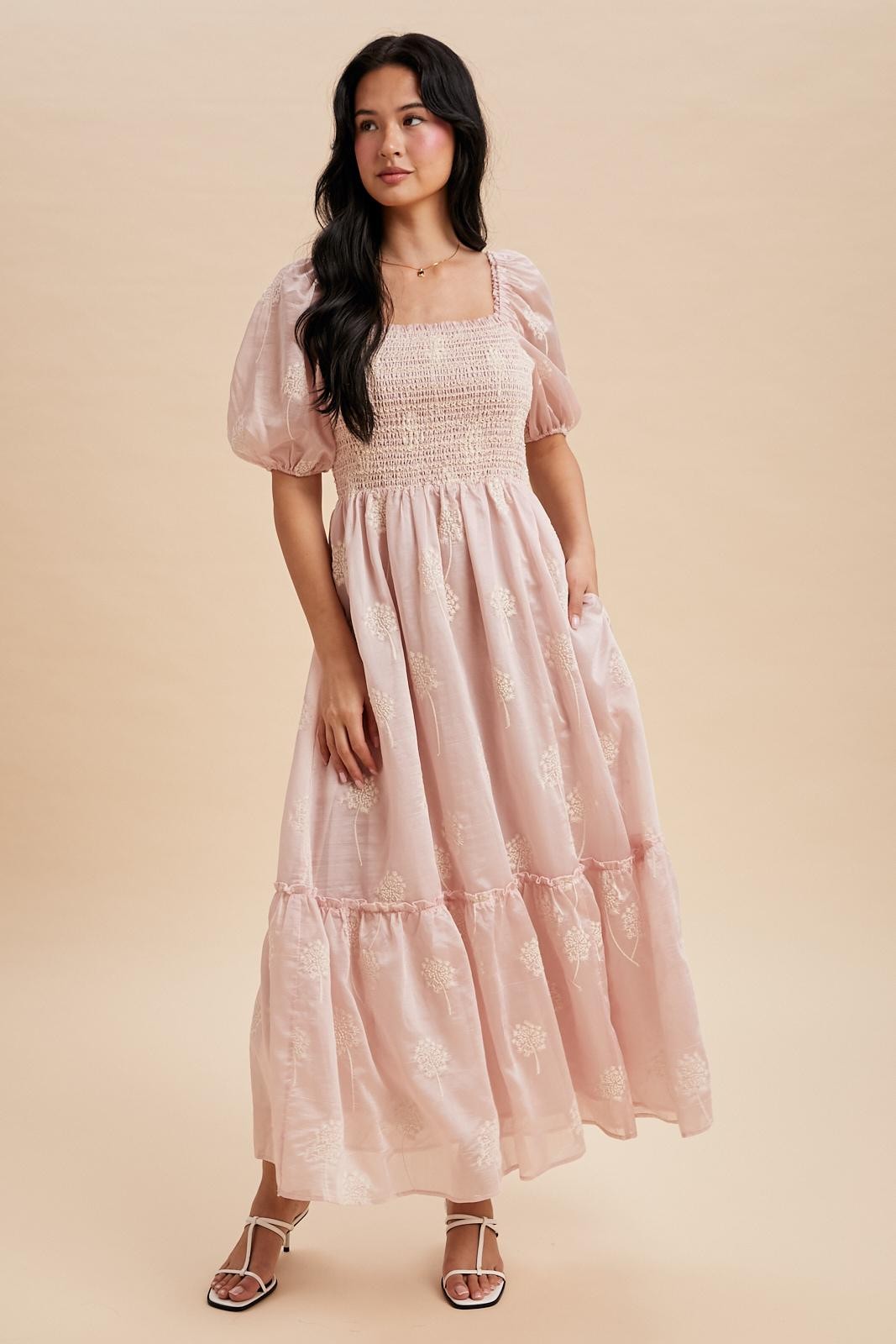 Light Pink Embroidered Floral Smocked Maxi Dress