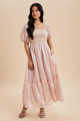 Light Pink Embroidered Floral Smocked Maxi Dress