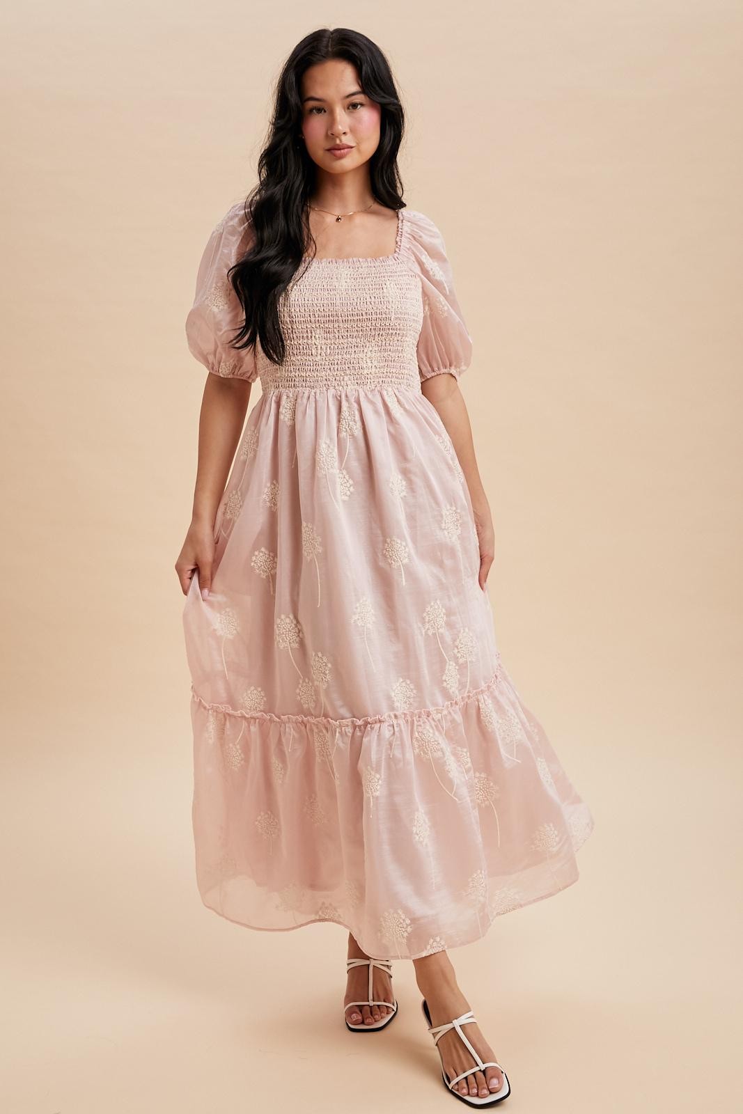 Light Pink Embroidered Floral Smocked Maxi Dress