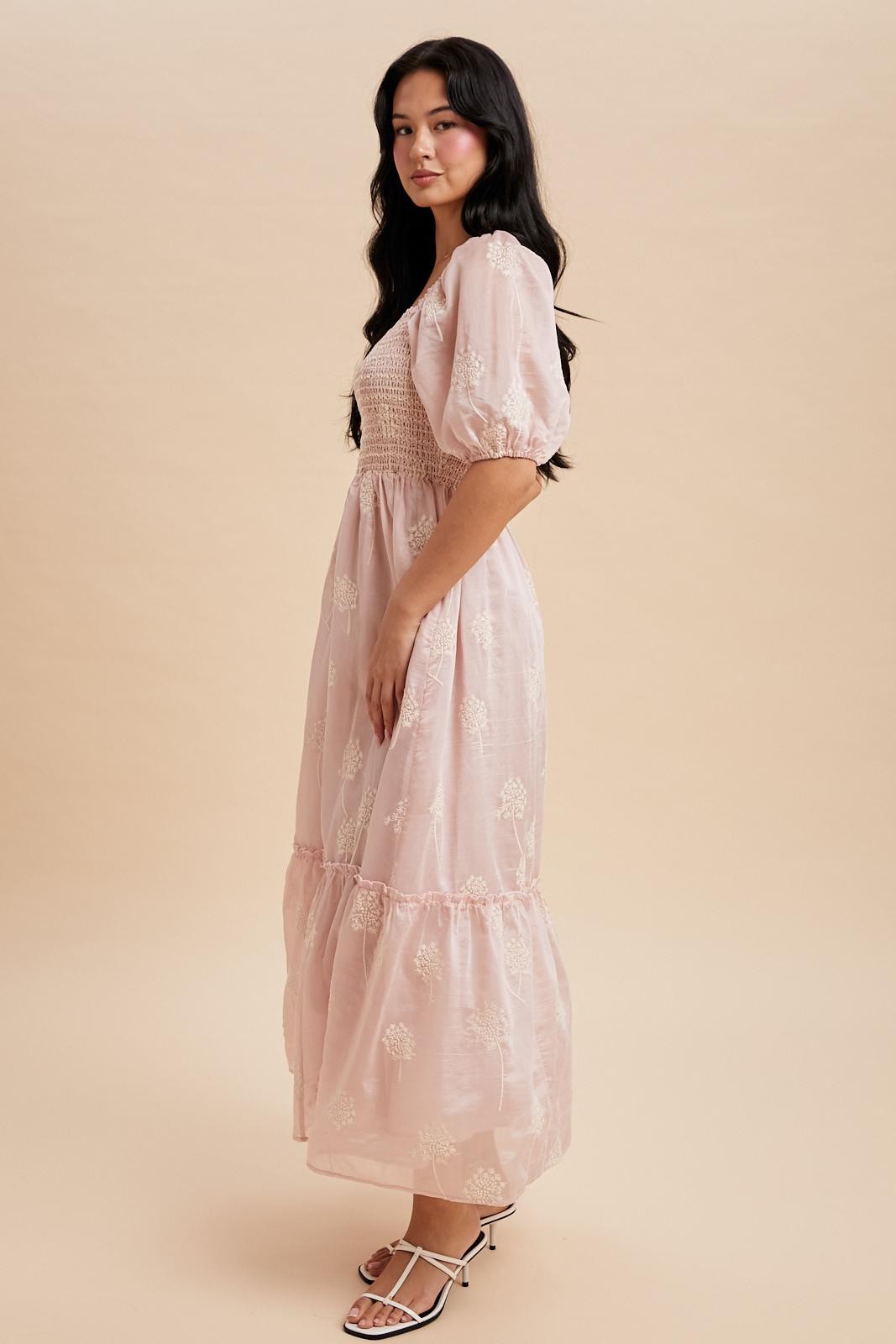 Light Pink Embroidered Floral Smocked Maxi Dress
