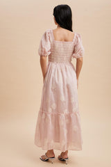 Light Pink Embroidered Floral Smocked Maxi Dress