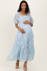 Light Blue Embroidered Floral Smocked Maternity Maxi Dress