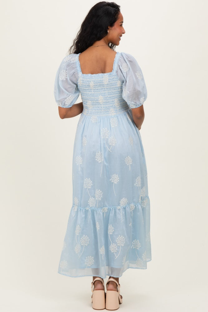 Light Blue Embroidered Floral Smocked Maternity Maxi Dress