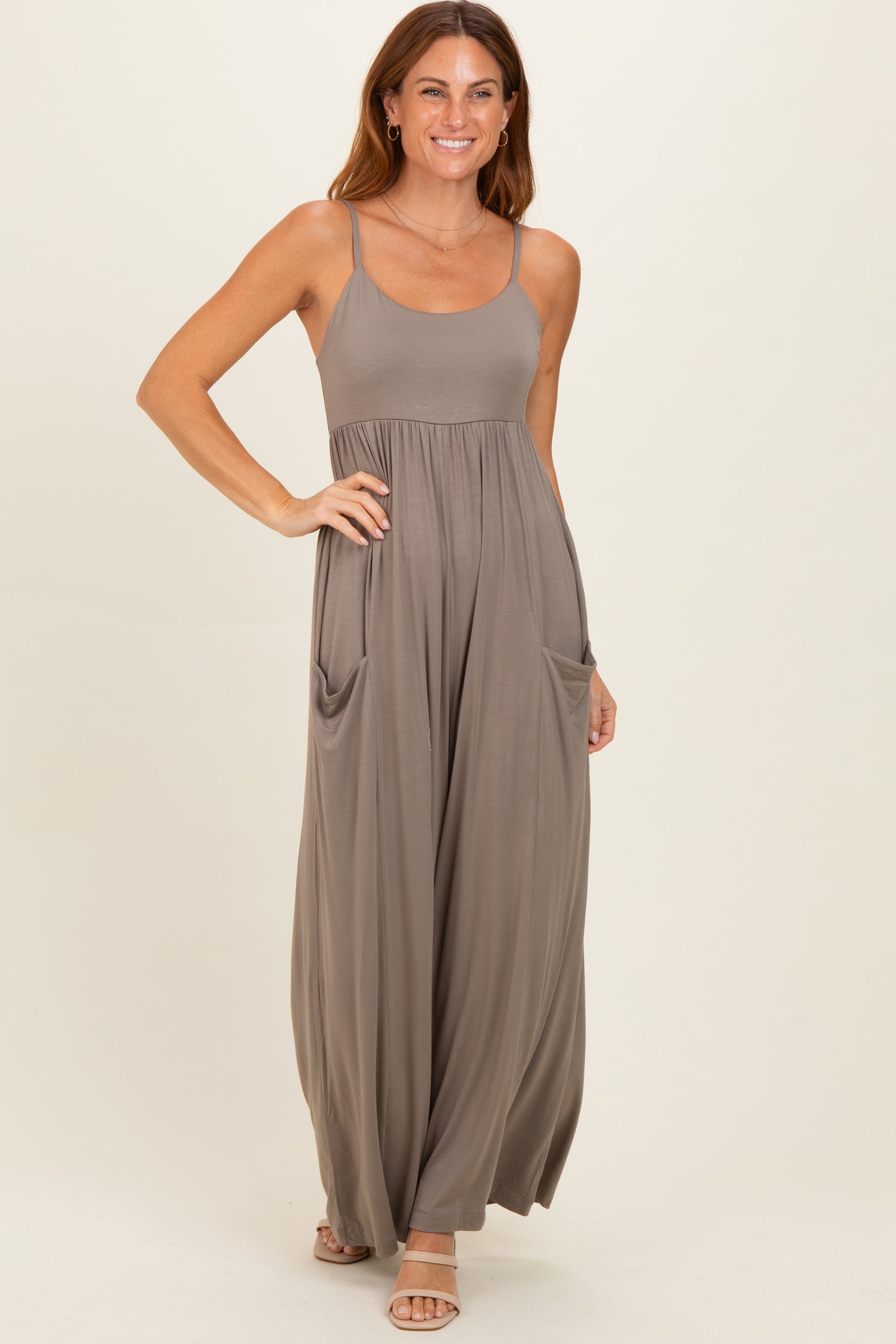 Moss Brown Sleeveless Wide Leg Maternity Jumpsuit