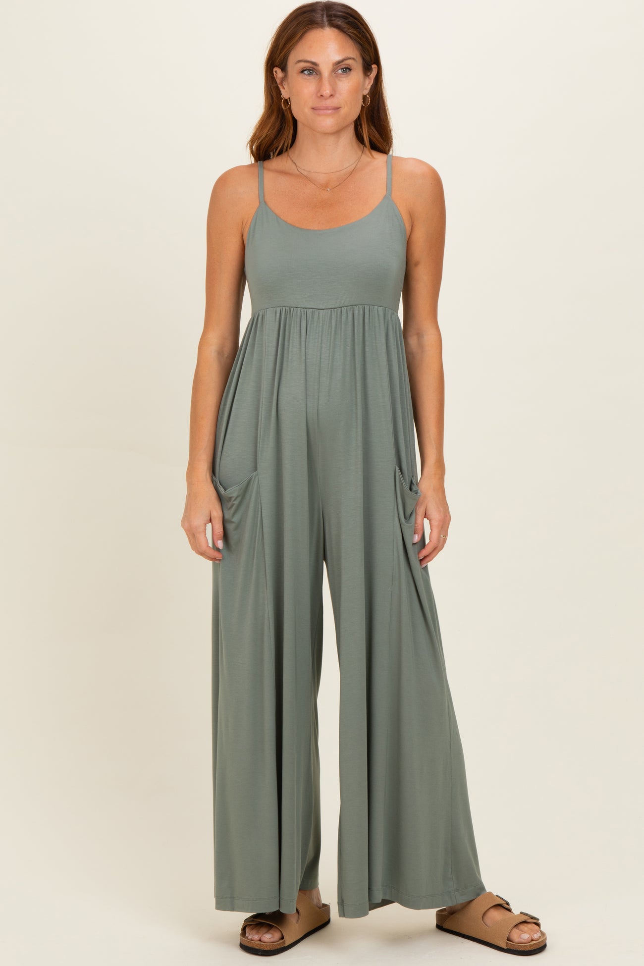 Green Pea Sleeveless Wide Leg Maternity Jumpsuit