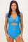 woman wearing a bright blue one-piece swimsuit with ruffle sleeves and a twisted front detail