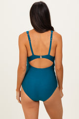 Dark Teal Ruched Sides Front Cutout One Piece Swimsuit