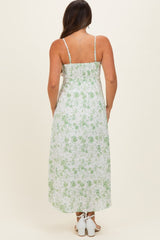 woman wearing a floral maternity maxi dress with straps and a smocked back, viewed from the back