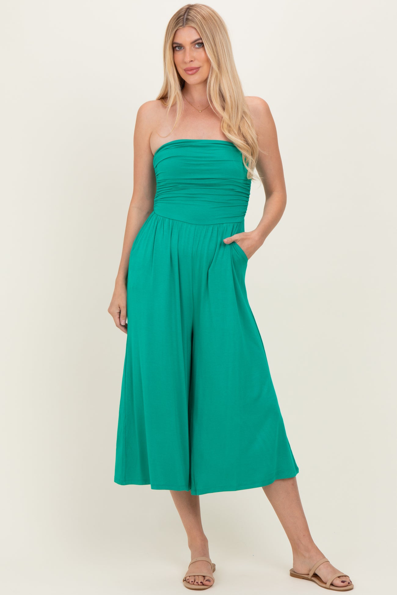 Kelly Green Double Layered Strapless Tube Top Maternity Jumpsuit