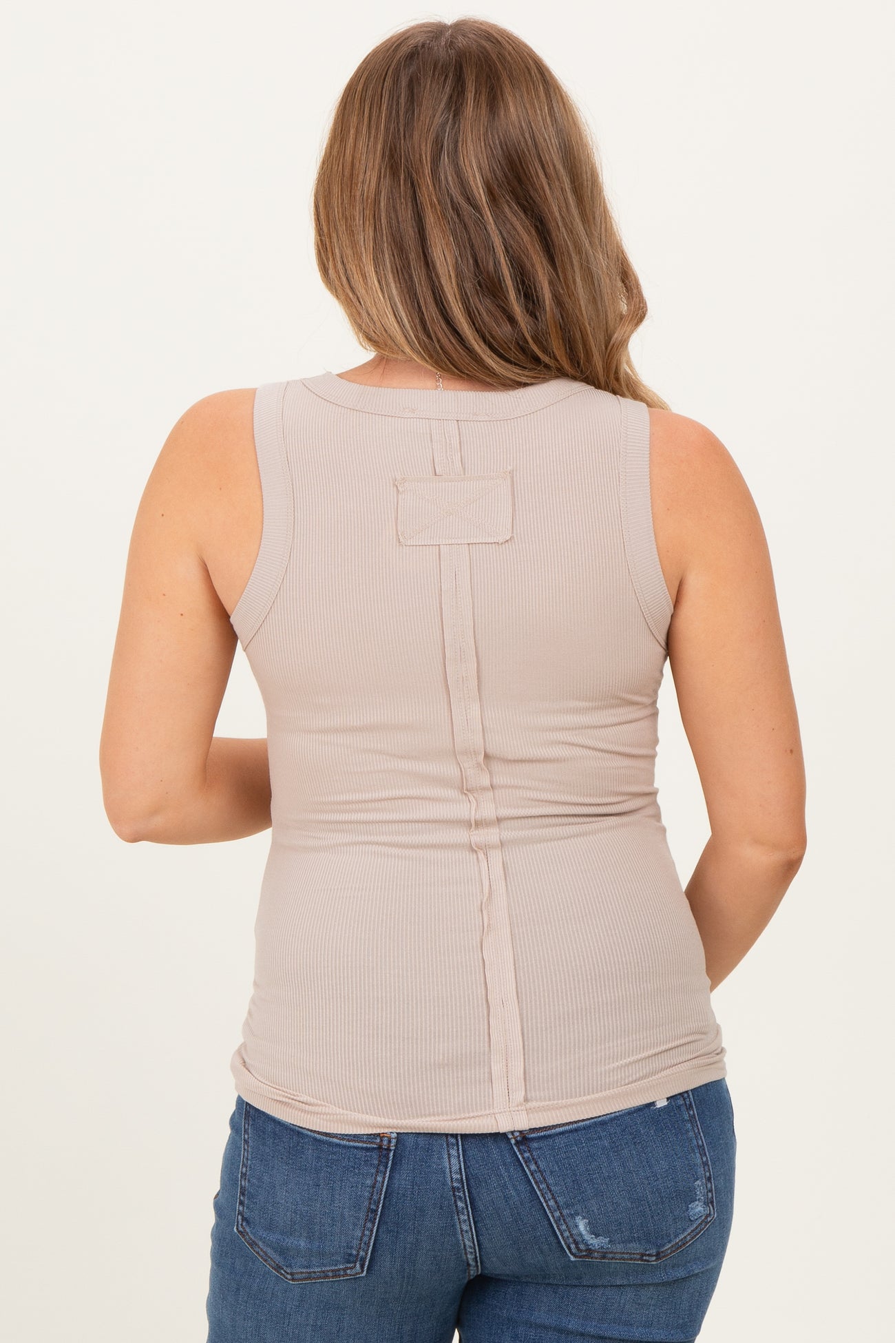 Beige Ribbed High Neck Maternity Tank Top