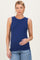 woman wearing a navy maternity tank top and holding her baby bump