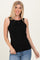 woman wearing a black ribbed sleeveless top with a scoop neckline and casual jeans