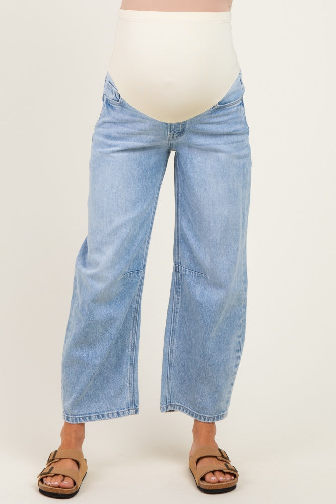 maternity wear light blue wide-leg jeans with a high waistband designed for comfort during pregnancy