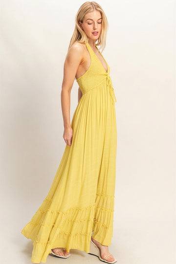 Yellow Halter Neck Smocked Maxi Dress