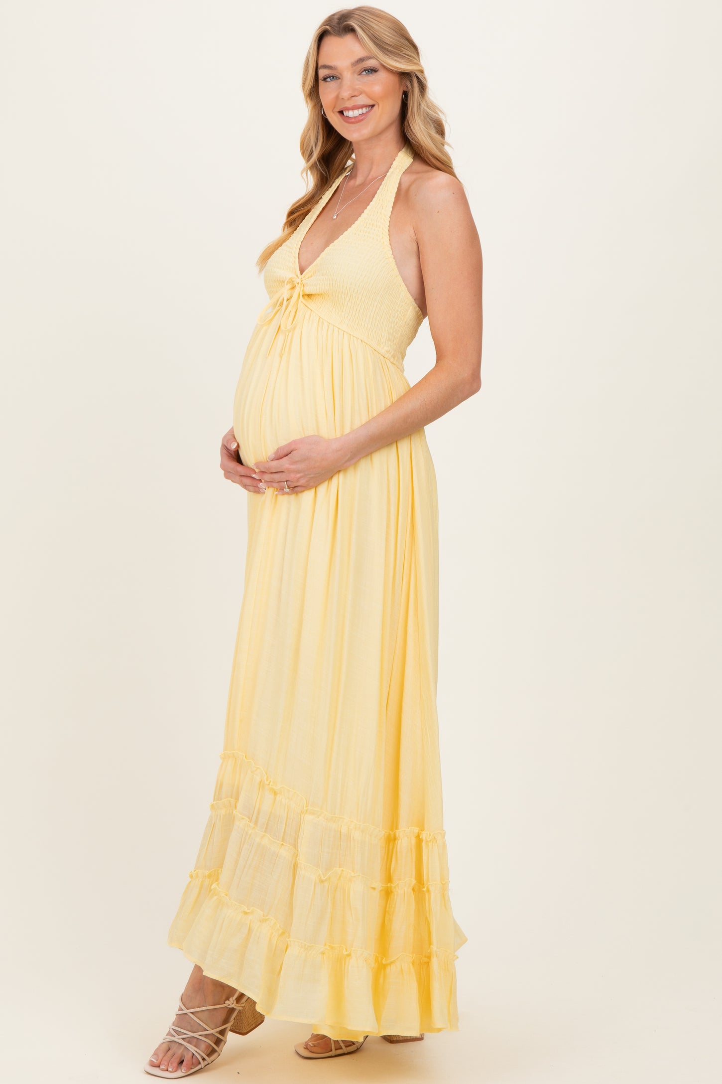 Yellow Halter Neck Smocked Maternity Maxi Dress