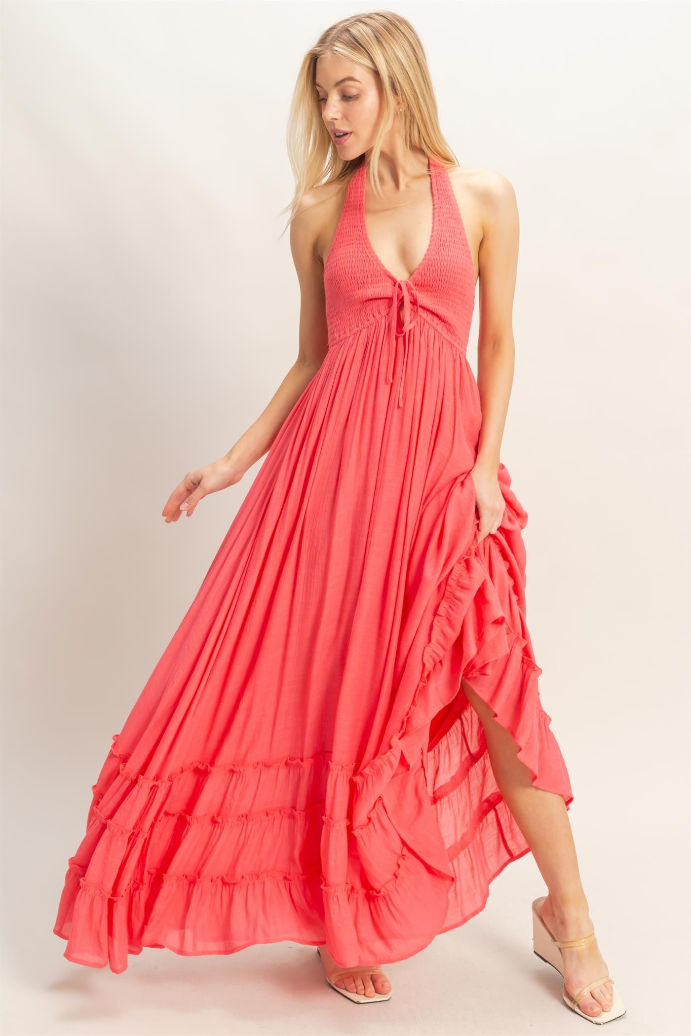 Coral Halter Neck Smocked Maternity Maxi Dress