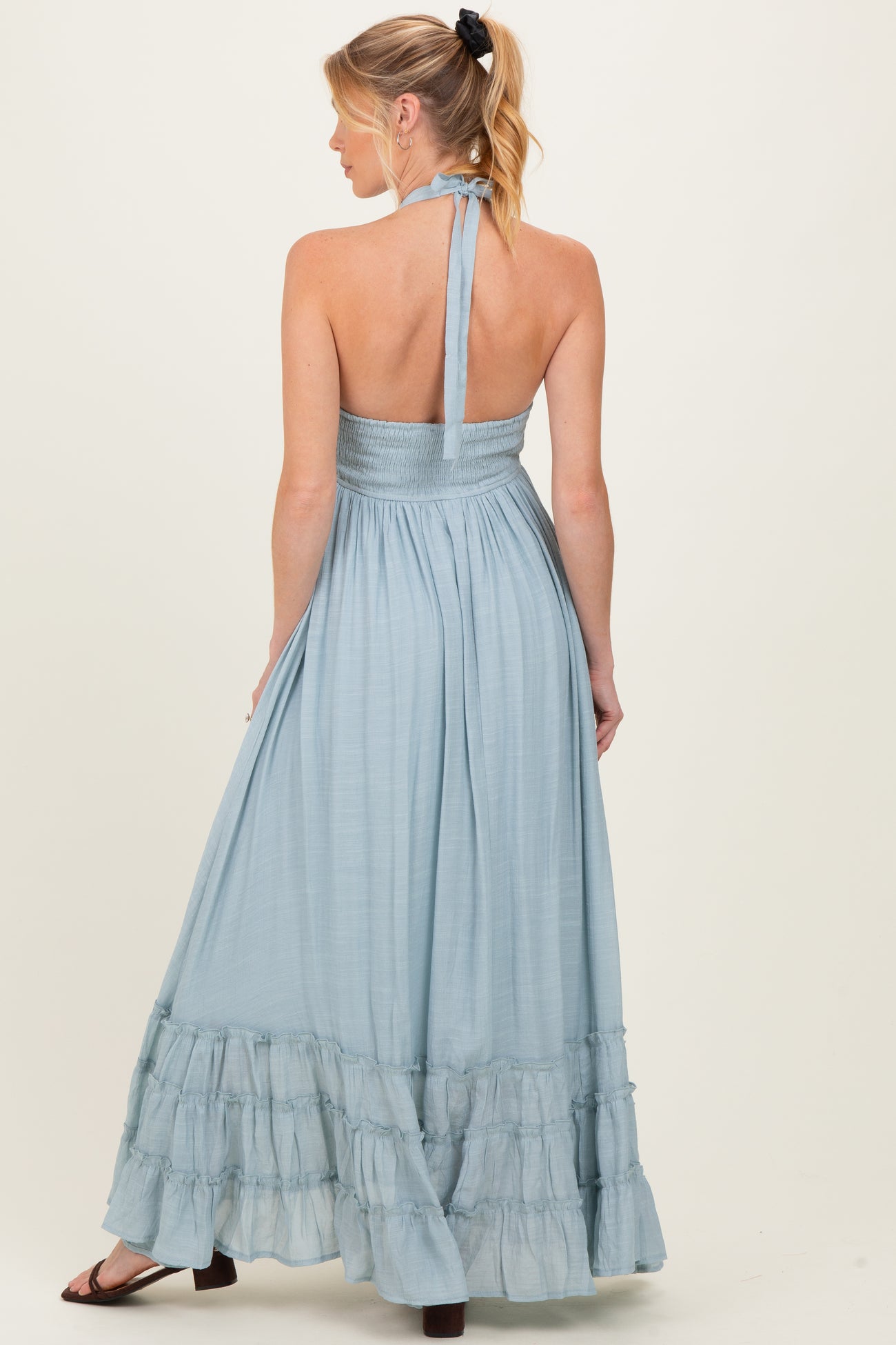 Light Blue Halter Neck Smocked Maternity Maxi Dress