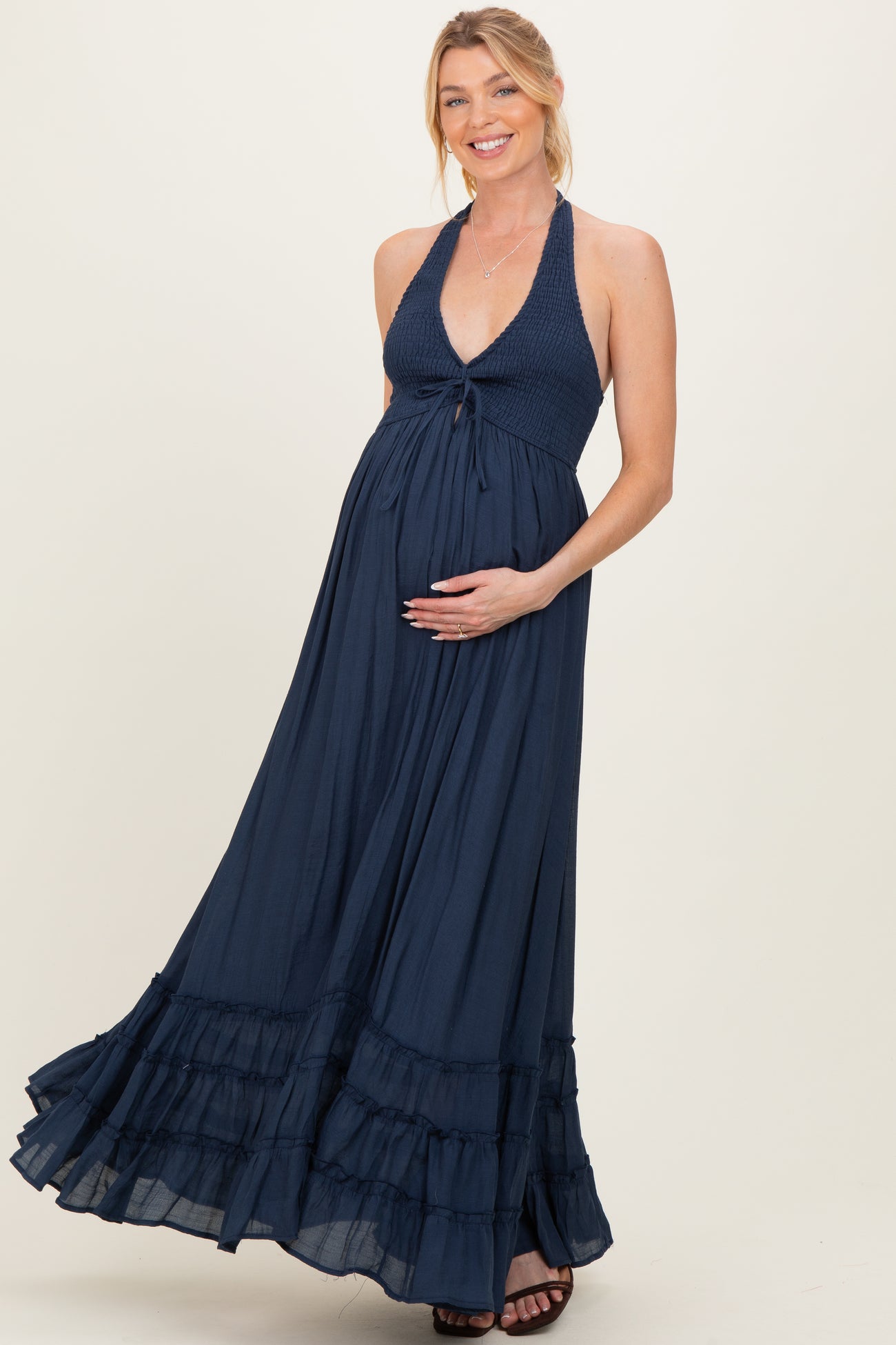 Navy Halter Neck Smocked Maternity Maxi Dress