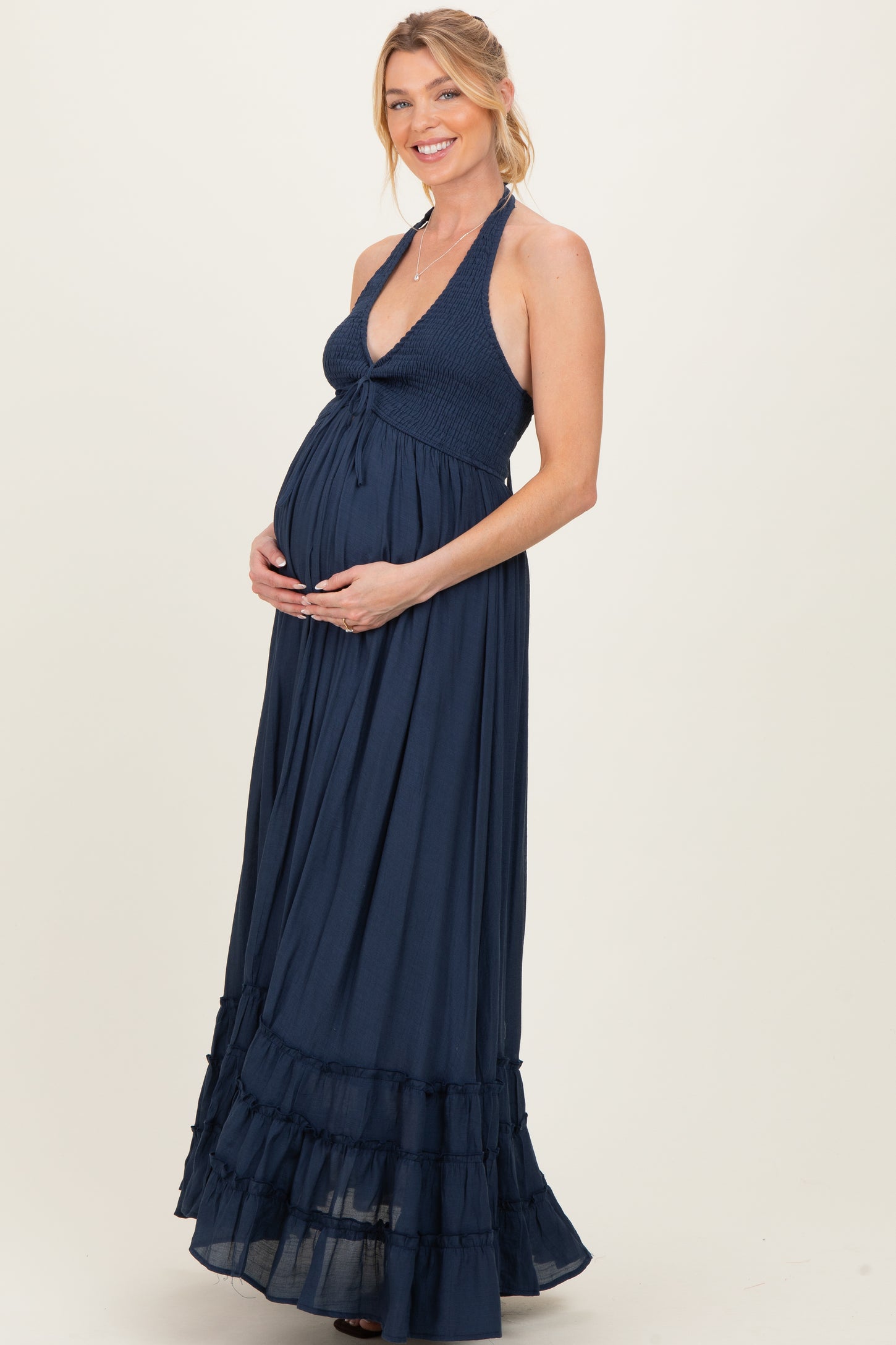Navy Halter Neck Smocked Maternity Maxi Dress