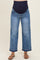 maternity wear light wash wide leg jeans with a dark blue over-the-bump waistband, model wearing flip-flops