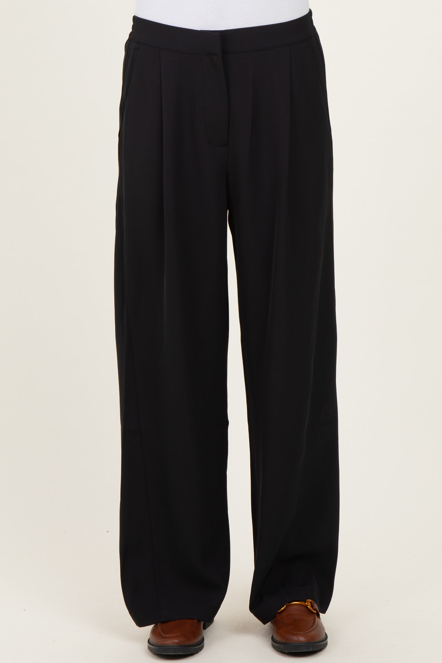black wide-leg women's trousers with front pleats and a relaxed fit
