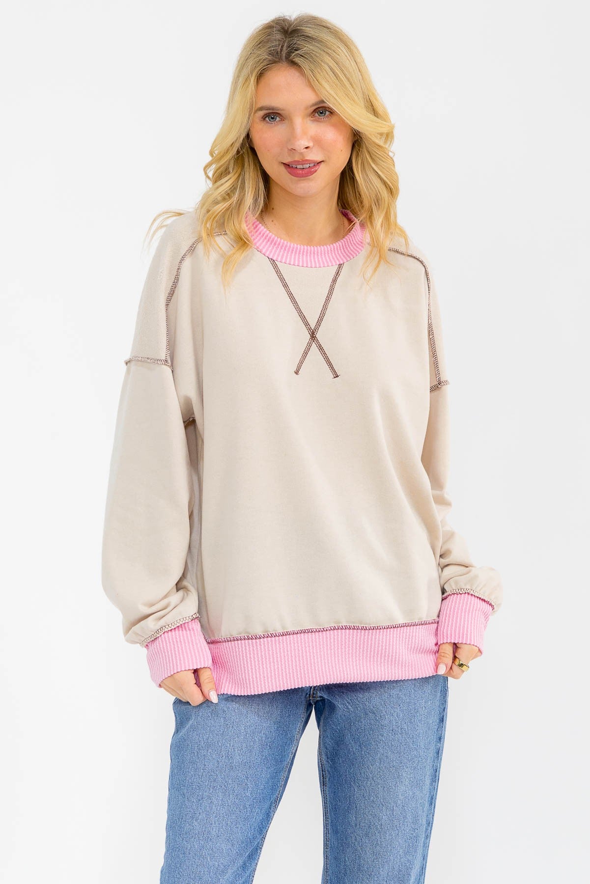Cream Contrast Band Exposed Seam Pullover