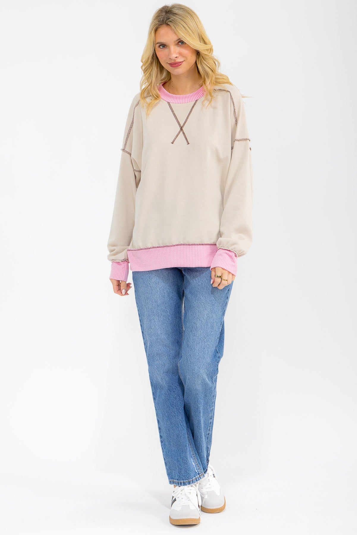 Cream Contrast Band Exposed Seam Pullover