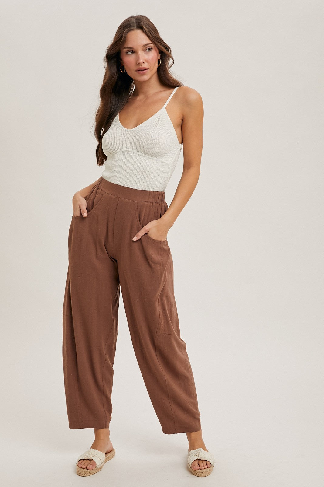 Cocoa Linen Blend Barrel Leg Maternity Pants