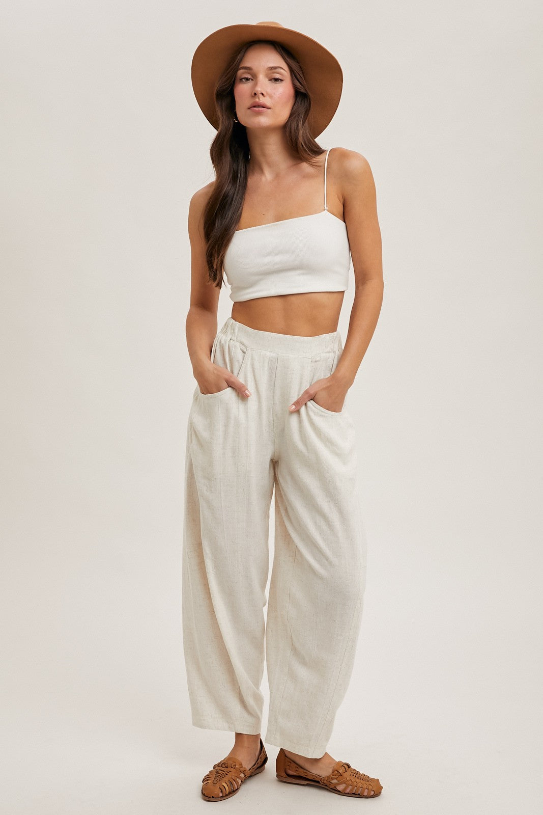 Oatmeal Linen Blend Barrel Leg Pants