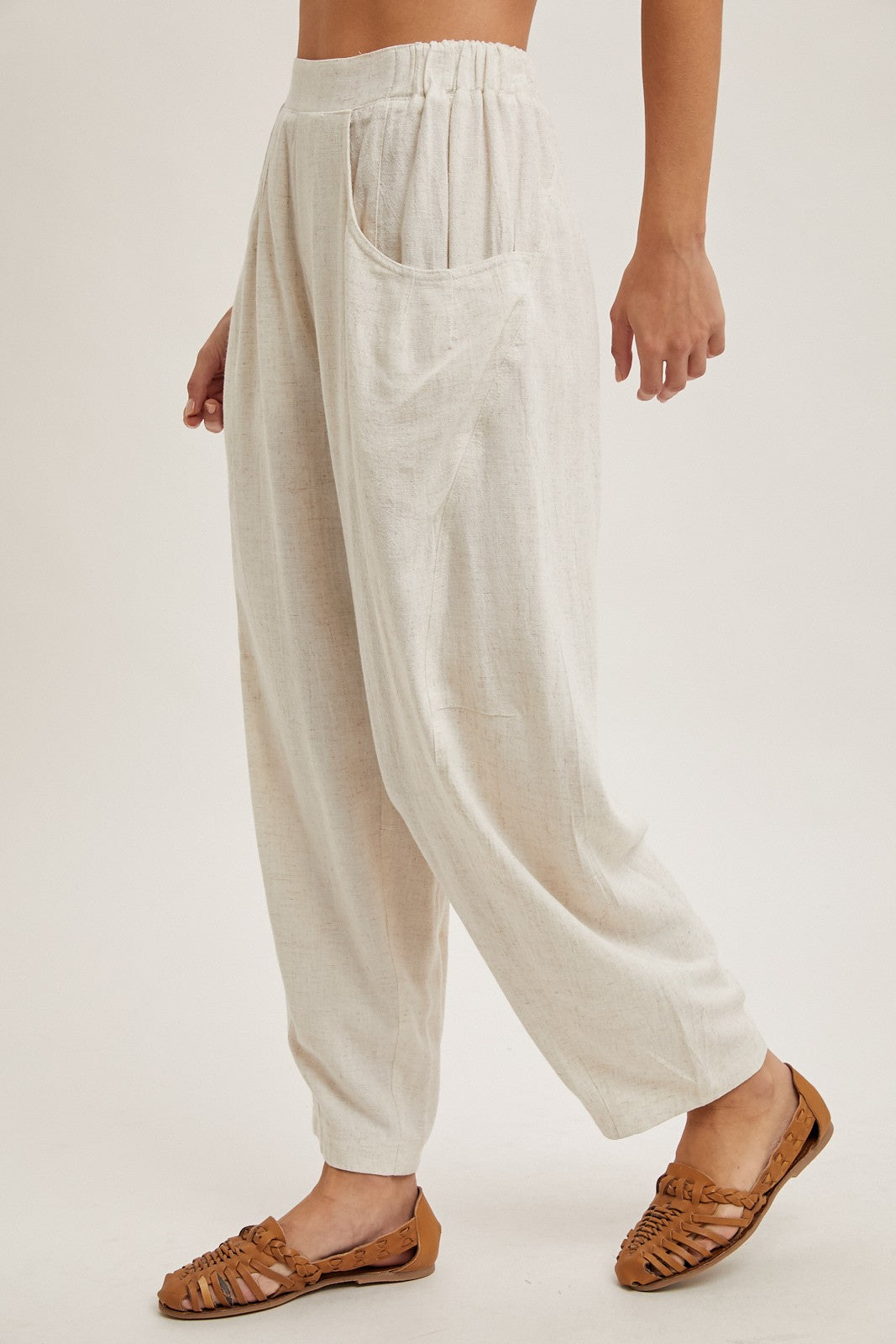 Oatmeal Linen Blend Barrel Leg Pants