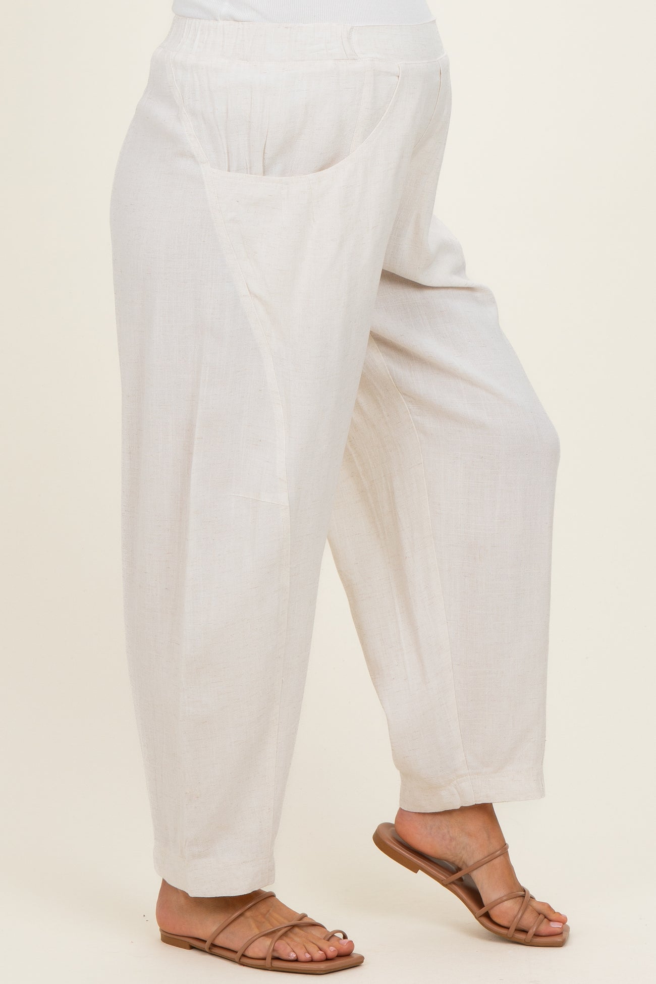 Oatmeal Linen Blend Barrel Leg Maternity Pants