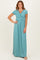 woman wearing a teal short sleeve maxi dress with a twist front detail and a flowing silhouette
