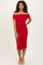 woman wearing a red off-the-shoulder ruched midi dress and nude high-heel shoes