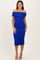 woman wearing a vibrant blue off-the-shoulder bodycon dress with ruched detailing and a mid-calf length