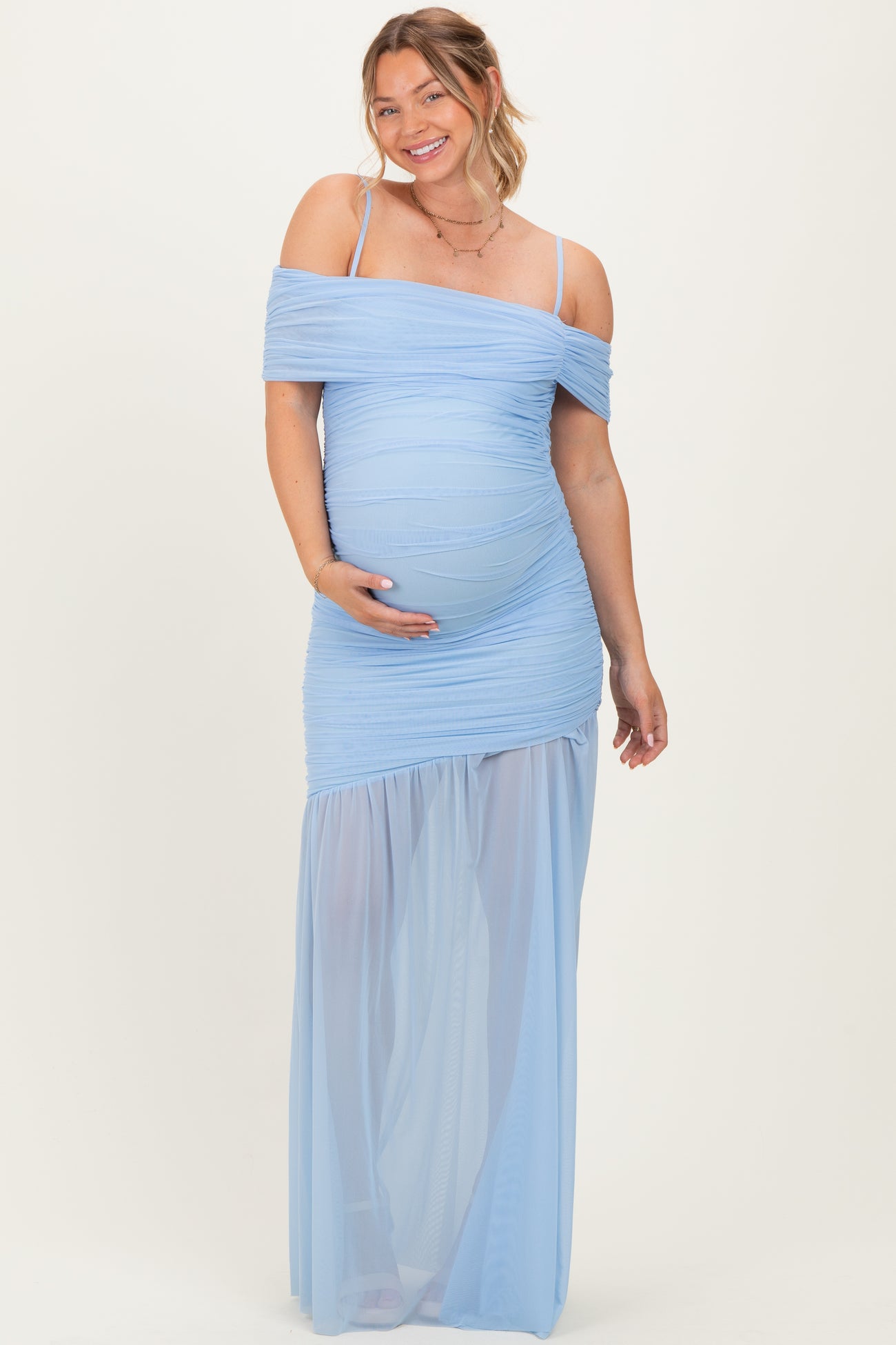 Baby Blue Ruched Mesh Off Shoulder Maternity Maxi Dress