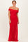 woman wearing a red off-the-shoulder ruched maxi dress with a sheer skirt and adjustable straps