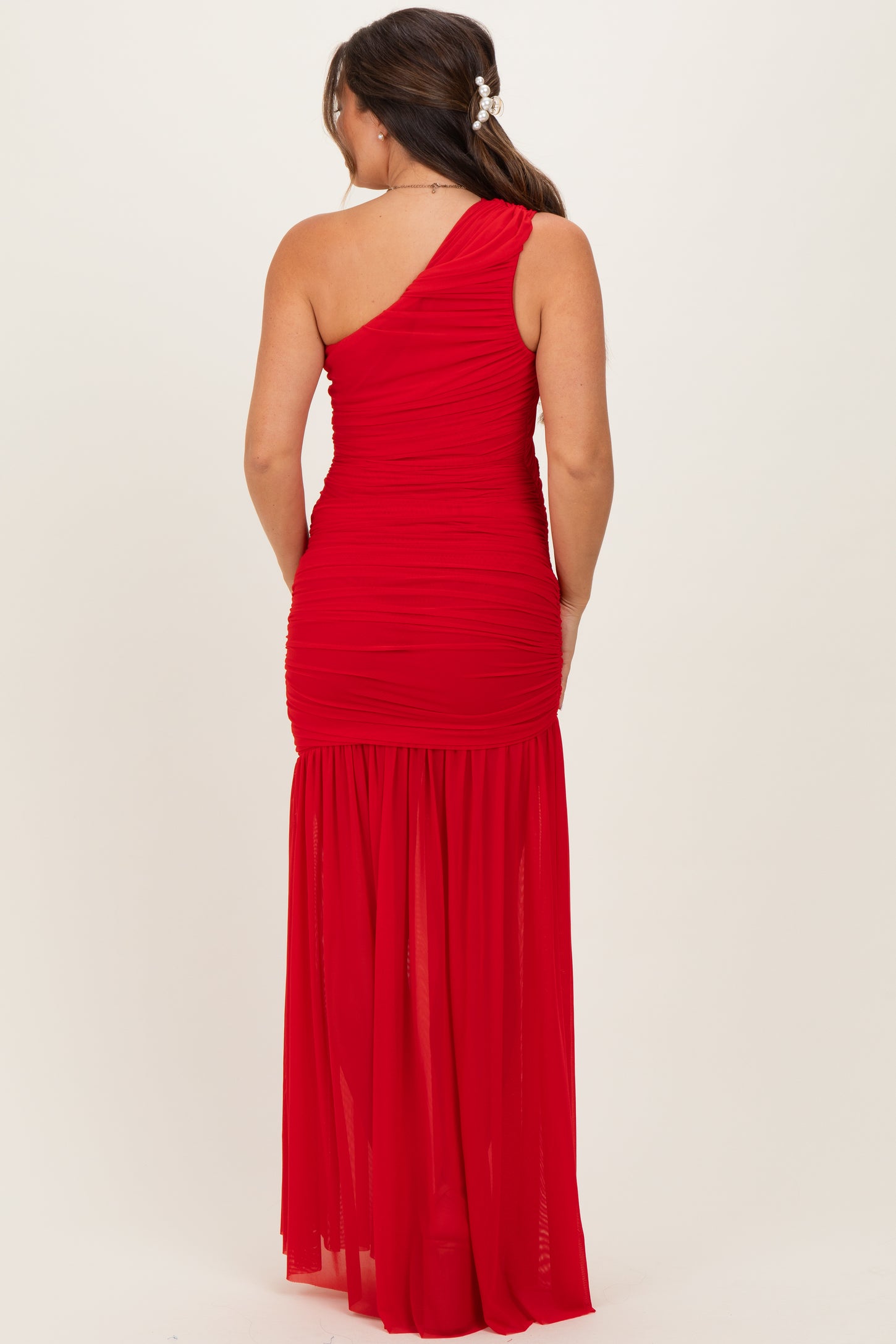 Red Ruched Mesh One Shoulder Maternity Maxi Dress