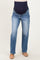 woman wearing a pair of light blue maternity jeans with a navy over-the-bump panel and a straight leg cut