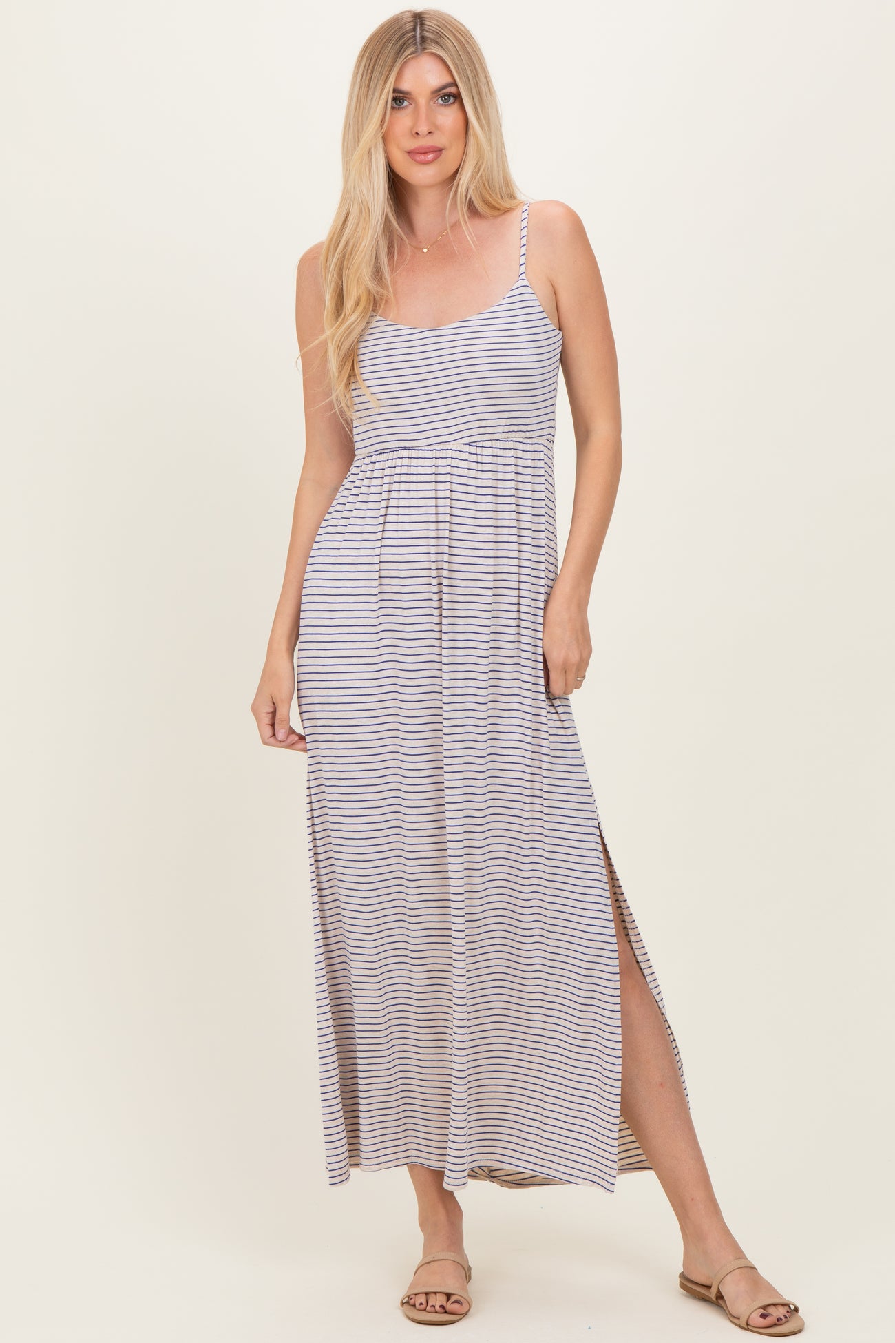 Oatmeal Striped Sleeveless Maternity Maxi Dress