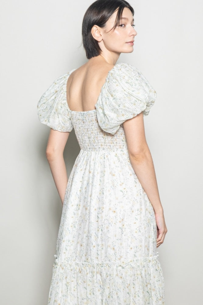 woman wearing a floral print puff sleeve maxi dress with a smocked bodice and tiered skirt, shown from the back