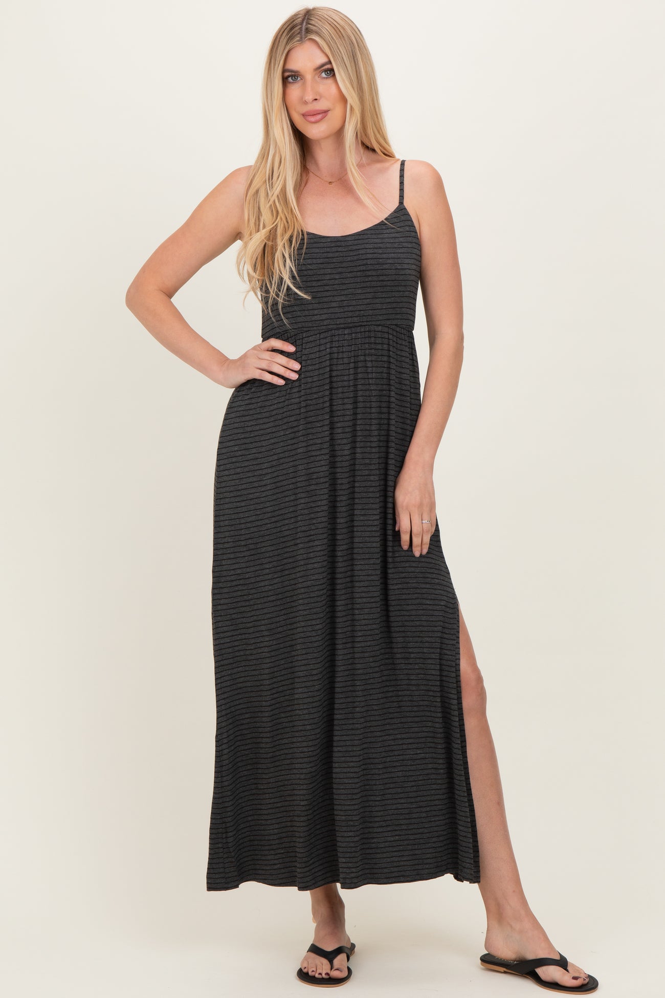 Charcoal Striped Sleeveless Maternity Maxi Dress