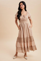 Taupe Lace Contrast Paneled Maternity Maxi Dress
