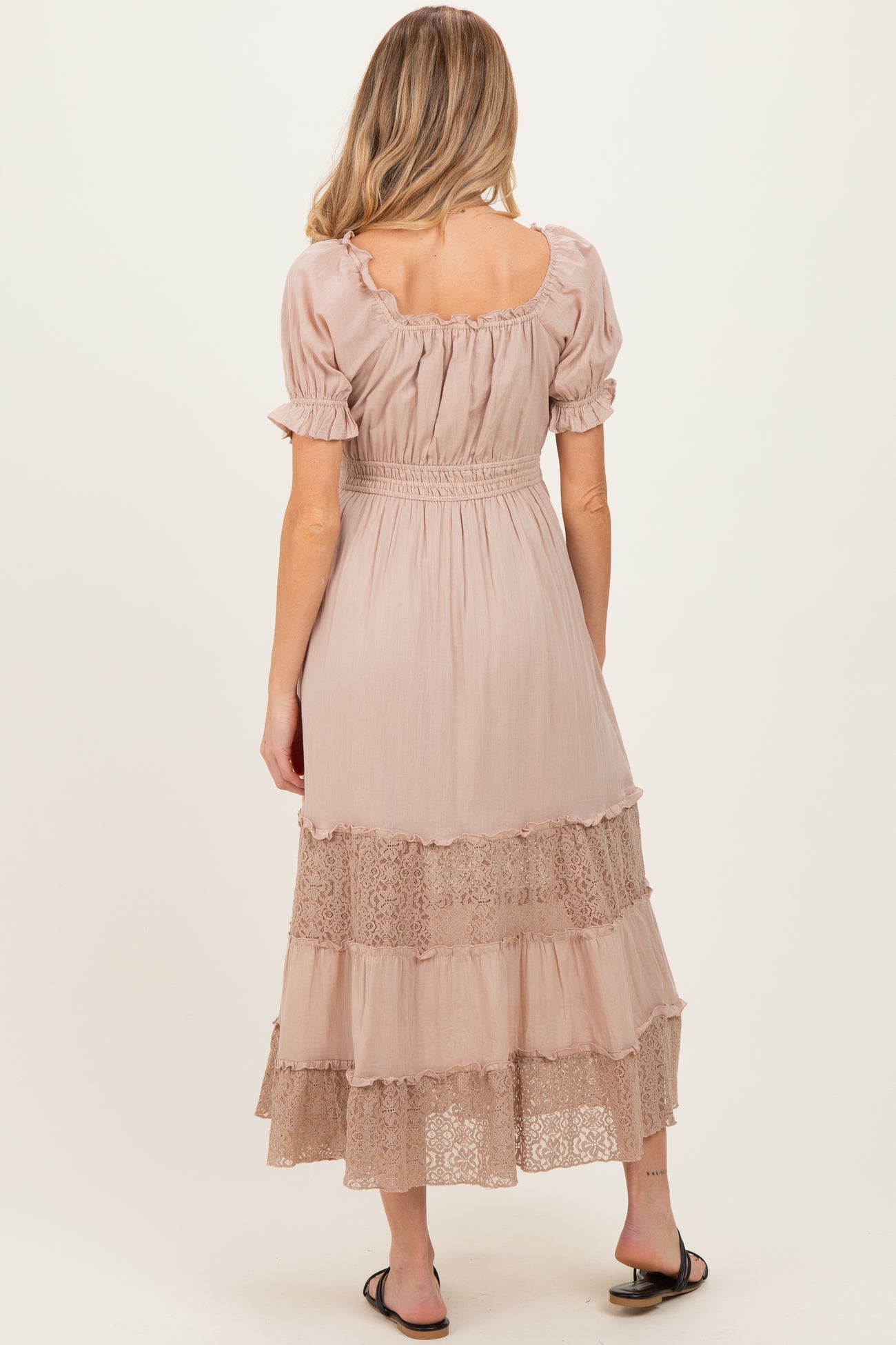 Taupe Lace Contrast Paneled Maternity Maxi Dress