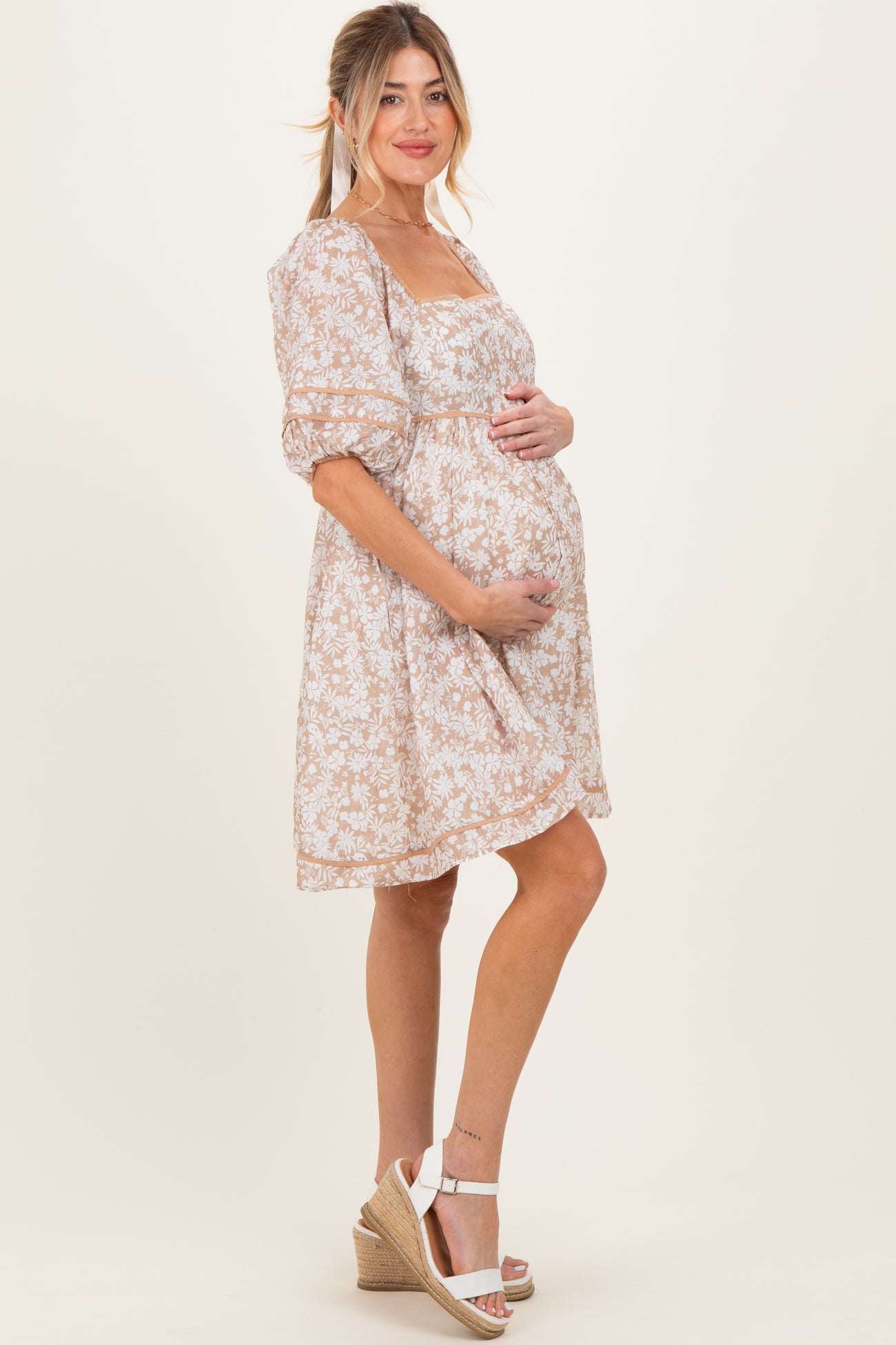 Taupe Contrast Binded Floral Maternity Mini Dress