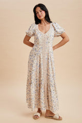 woman wearing a cream floral pattern maxi dress with puff sleeves and a V-neckline, posing against a light background