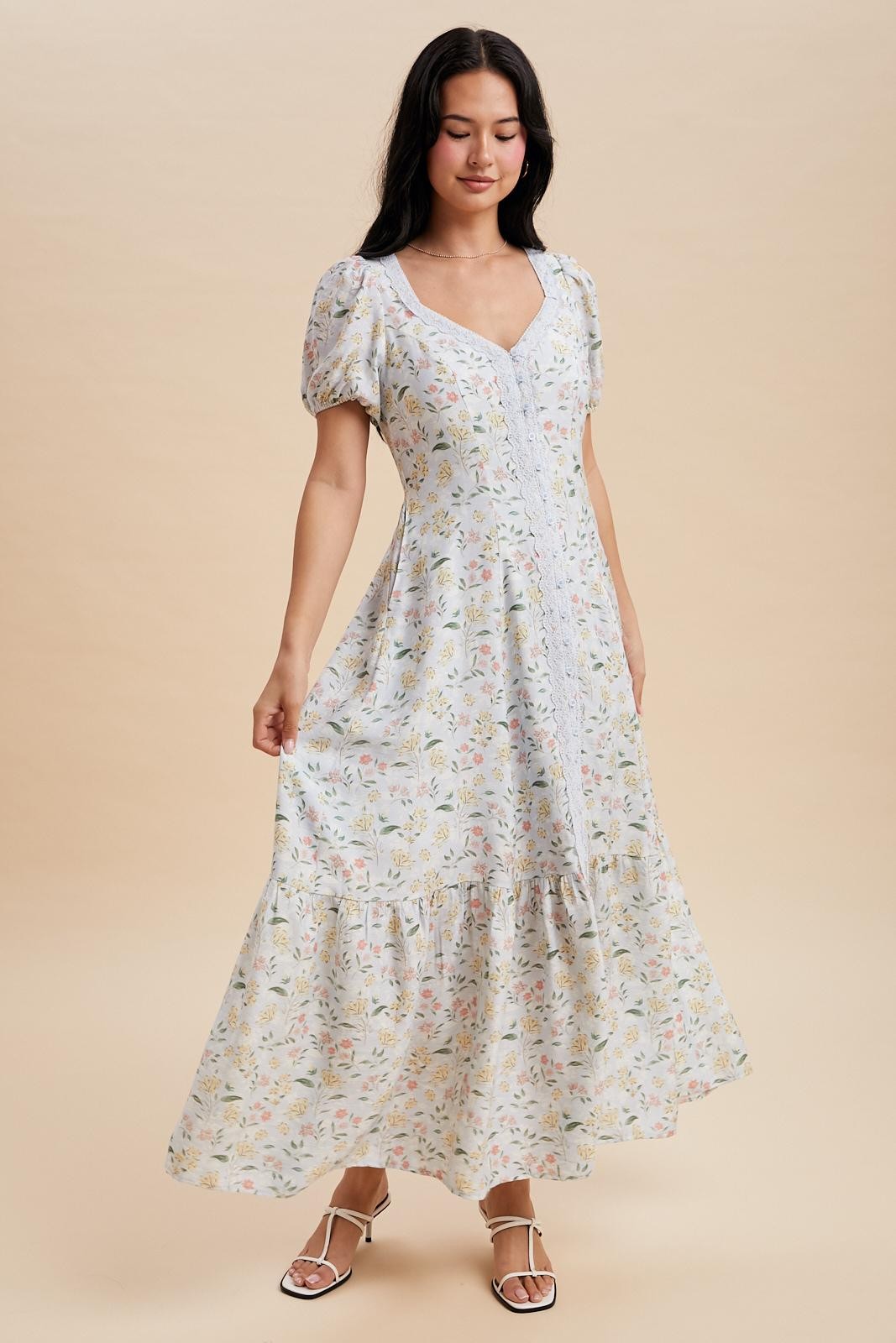 Light Blue Floral Lace Trim Button Down Maxi Dress