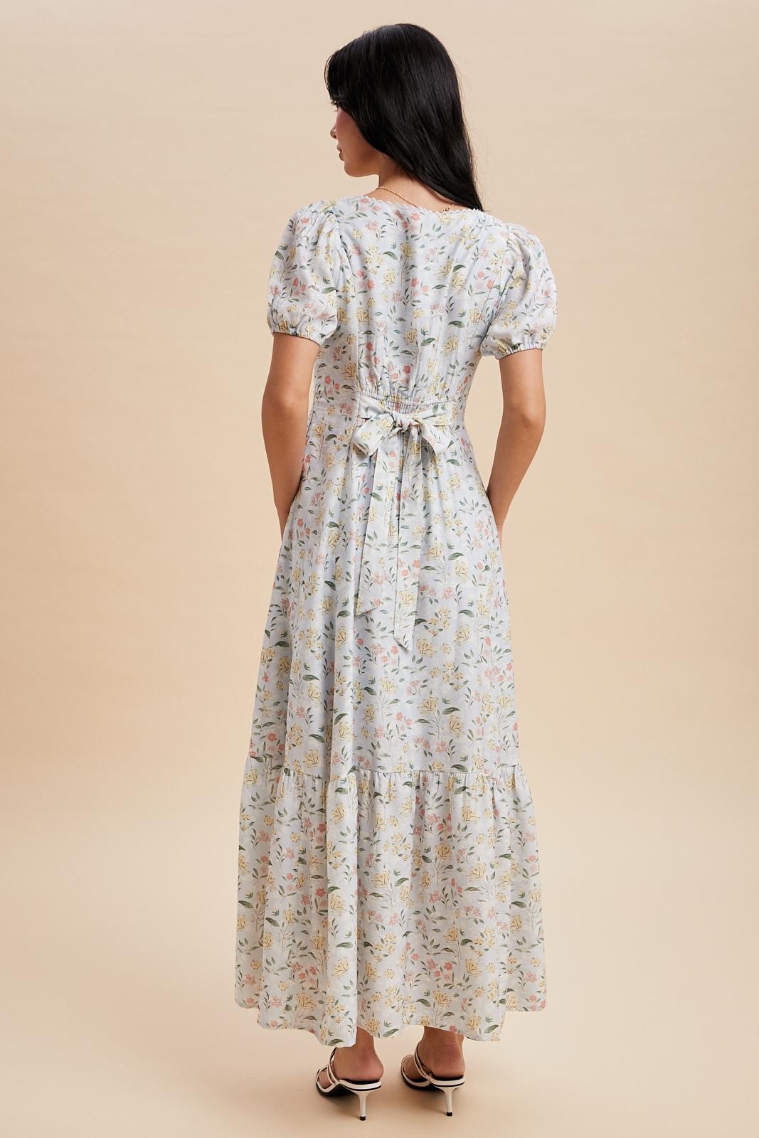 Light Blue Floral Lace Trim Button Down Maxi Dress
