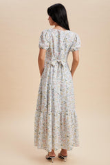 Light Blue Floral Lace Trim Button Down Maxi Dress