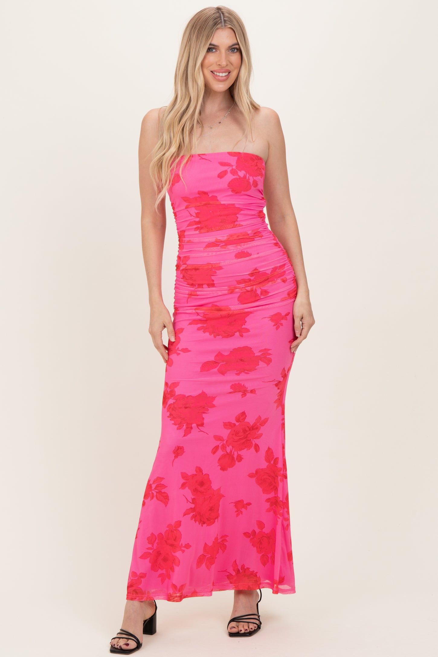 Fuchsia Floral Open Back Strapless Ruched Maternity Maxi Dress